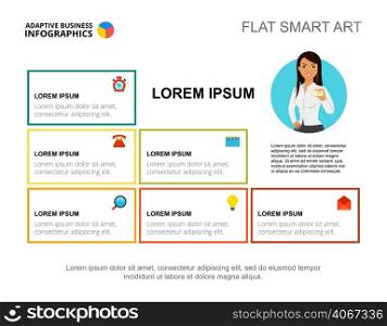 Presentation slide with company information blocks. Editable presentation slide template, flat smart art. Data for advertising, promotion, marketing