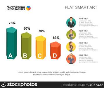 Presentation slide with percentage bars and staff icons. Editable template, flat smart art. Business data for human resources, career, management concept