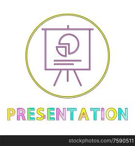Presentation whiteboard icon in circle. Board with chart diagram pie showing data about project. Infographic concept shown on slide isolated on vector. Presentation Whiteboard Icon Vector Illustration