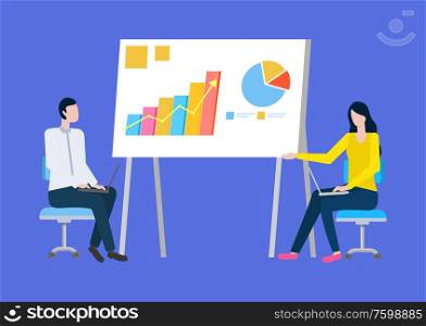 Presentation with diagrams and infocharts vector, woman and man brainstorming, infographics and visualization of info on board teamwork of colleagues. Whiteboard with Information Stats Presentation