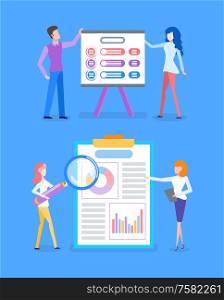 Presentation with explanation of infocharts and infographics vector. People working on optimization of business learning diagrams and charts schemes. Statisctics of Business Project, Whiteboard Info