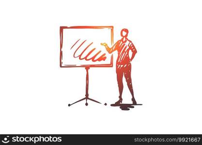 Presentation, woman, board, business, report concept. Hand drawn woman making presentation concept sketch. Isolated vector illustration.. Presentation, woman, board, business, report concept. Hand drawn isolated vector.