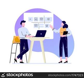Presentation work schedule, disscusing and explain. Vector corporate discussion in office, illustration meeting characters manager woman and man. Presentation work schedule on board, disscusing and explain
