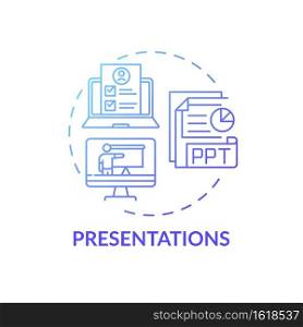 Presentations concept icon. Online teaching digital resources. Showing new information to students using digital devices idea thin line illustration. Vector isolated outline RGB color drawing. Presentations concept icon