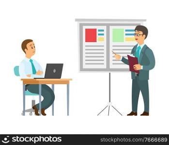 Presenter at seminar vector, master class from boss work. Whiteboard with text and visual information, planning of project, worker with laptop on table. Presenter at Seminar, Master Class from Boss Work