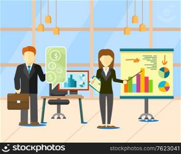 Presenter female holding pointer and showing finance strategy on board. Businessman standing near workplace, monitor of computer with diagram report vector. Office room with big window. Business Strategy, Finance Plan, Currency Vector