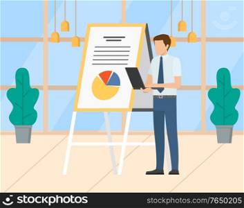 Presenter introducing new innovations vector, man with whiteboard and laptop. Person showing diagram with segments, office interior with plants and windows. Presentation in Office, Business Seminar Workshop