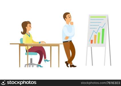 Presenter looking at whiteboard vector, worker thinking of project data. Male brainstorming, employees on seminar conference making business decisions. Presenter Looking at Whiteboard Thinking of Data