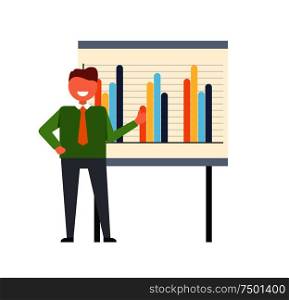 Presenter man happy to present new concept on board vector. Whiteboard with statistics and visualized data. Workshop, seminar lead by businessman. Presenter Man Happy to Present Concept on Board