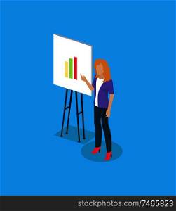 Presenter showing charts on whiteboard. Businesswoman giving info on new ideas about project. Teaching on workshop or meeting icon isolated on vector. Presenter Showing Charts Icon Vector Illustration