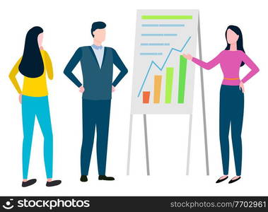 Presenter showing graph report on board, people cooperation. Man and woman discussing rising columns, successful teamwork, man and woman workers vector. Colleagues Discussing Rising Graph, Company Vector