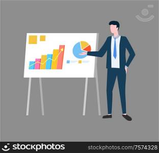 Presenter with presentation vector, businessman explaining analyze data. Whiteboard with charts and pie diagrams, workshop seminar, business meeting. Presenter with Presentation Explaining Analyze