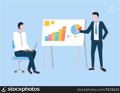 Presenter with presentation vector, conference of businessman. Male explaining business plan and analyze data information. Person with laptop listening. Presenter with Presentation Conference Businessman