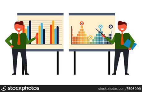 Presenters on business seminar with whiteboard vector. People presenting ideas, details of strategy, planning process of businessman pointing on chart. Presenters on Business Seminar with Whiteboard