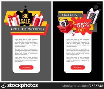 Presents and gifts in shopping basket, promotion and clearance of shops, sale goods. Exclusive products sellout 55 off price vector web site templates.. Presents and Gifts in Shopping Basket, Promo Tags