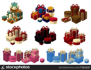 Presents and gifts wrapped with decoration papers and bows made of ribbons vector. Surprise on birthday or Christmas holiday, packages with items. Containers packaging of different shape and color. Presents and gifts wrapped with decoration papers and bows