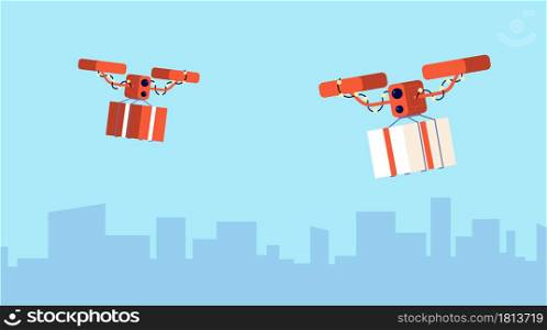 Presents drone delivery. Christmas gift, flying parcels. Digital logistic, modern contactless service purchase to home vector illustration. Gift and present delivery, drone or quadcopter fly. Presents drone delivery. Christmas gift, flying parcels. Digital logistic, modern contactless service purchase to home vector illustration