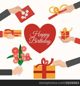 Presents holding hands flat pictograms composition. Happy birthday presents giving and receiving hands flat pictogram composition with heart symbol abstract vector isolated illustration