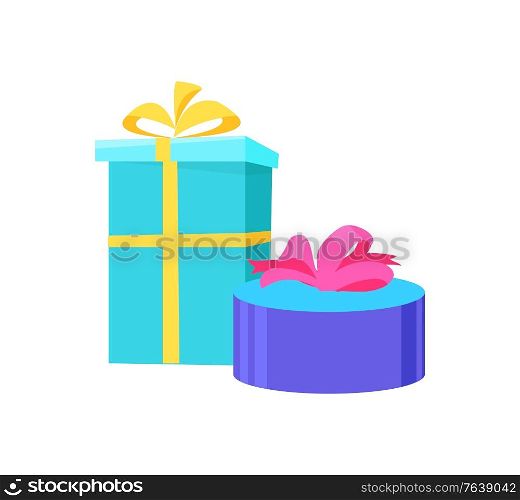 Presents in festive paper, vector round and square gift boxes topped by bow, blue color boxes carton packages isolated icons. Shopping packaging mockups. Presents in Festive Paper Vector Round Square Gift