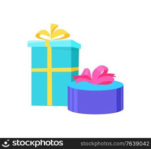 Presents in festive paper, vector round and square gift boxes topped by bow, blue color boxes carton packages isolated icons. Shopping packaging mockups. Presents in Festive Paper Vector Round Square Gift