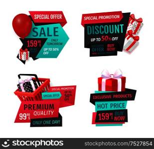 Presents in shopping basket, inflatable balloon special shop offer promo advert labels isolated. Mega discount, exclusive product sale banners set vector. Presents Shopping Basket Inflatable Balloon Labels