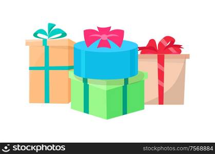 Presents packed in gift boxes vector isolated surprises. Vector New Year, Valentine day and Birthday gifts, color packages decorated by satin ribbons and bows. Presents Packed in Gift Boxes Vector Isolated Icon