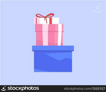 Presents semi flat RGB color vector illustration. Stack of festive boxes isolated cartoon objects on blue background. Gifts for special occasion, birthday presents. Shopping addiction, consumerism. Presents semi flat RGB color vector illustration