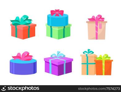 Presents vector, gifts decorated with ribbons and bows, wrapped in special paper. Celebration of holiday, isolated icons set of packages boxes to give. Presents Decorated with Ribbons and Bows Wrapped