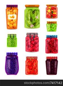 Preserved vegetables and fruits in containers set. Jars with pickled cucumbers and tomatoes. Plum peach and blueberry conservation isolated vector. Preserved Vegetables Fruits Vector Illustration