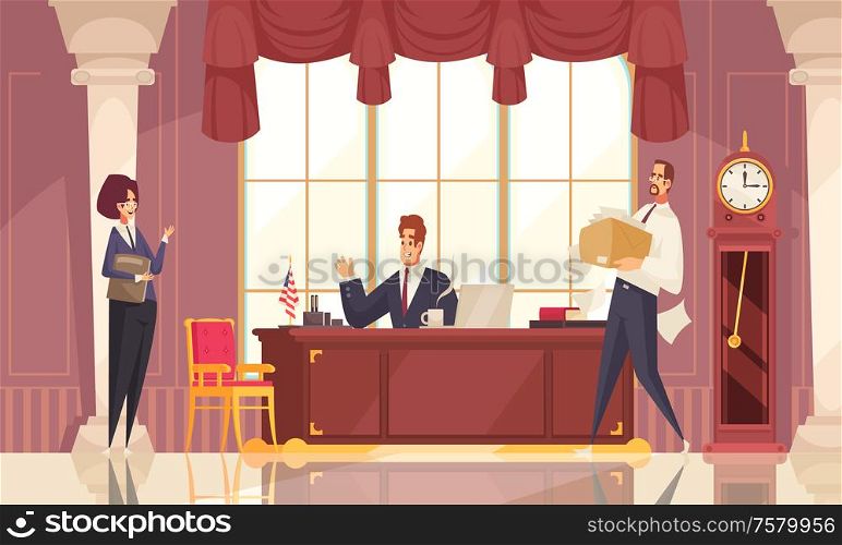 President in executive office at desk with secretary and chief of staff flat composition workplace interior vector illustration