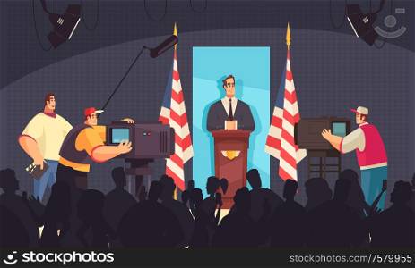 President speaking at the podium in front of people camera operators flat composition dark background vector illustration