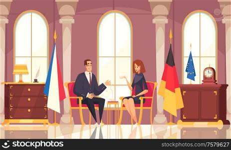 Presidential coffee conversation flat composition with office interior negotiations with foreign diplomatic representative state flags vector illustration