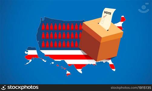 Presidential election in United States banner.Voting paper in ballot box on America map background.US Presidential election campaign poster.Usa debate of president voting concepts.Vector illustration.