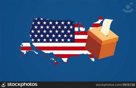 Presidential election in United States banner.Voting paper in ballot box on America map background.US Presidential election campaign poster.Usa debate of president voting concepts.Vector illustration.