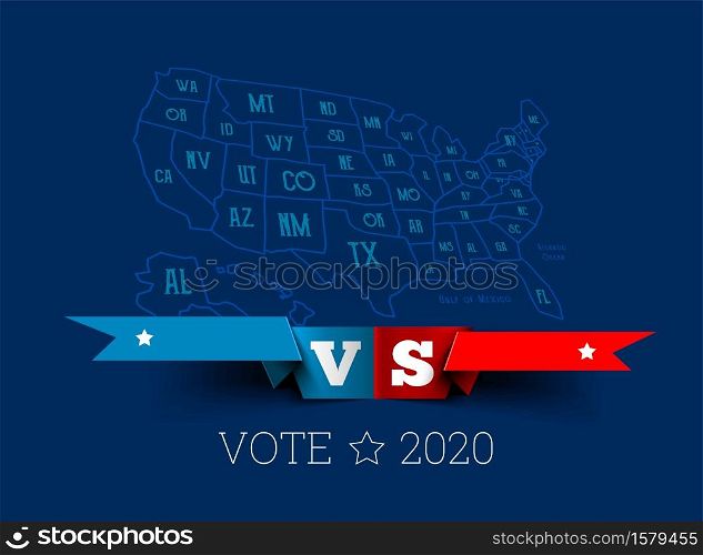 Presidential elections in the United States. Donald Trump vs. Joe Biden with map of America. Vector illustration on dark blue background. Presidential elections in the United States. Donald Trump vs. Joe Biden with map of America. Vector illustration