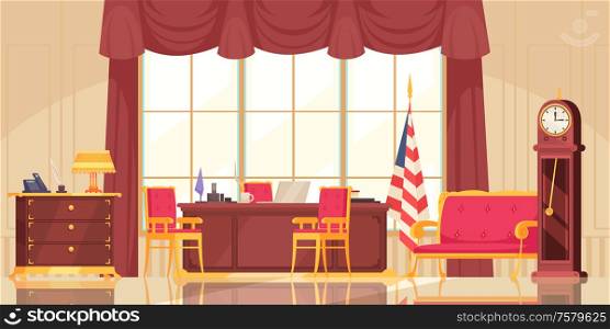 Presidential workplace interior flat composition with executive office furniture state flag clock desk large window vector illustration