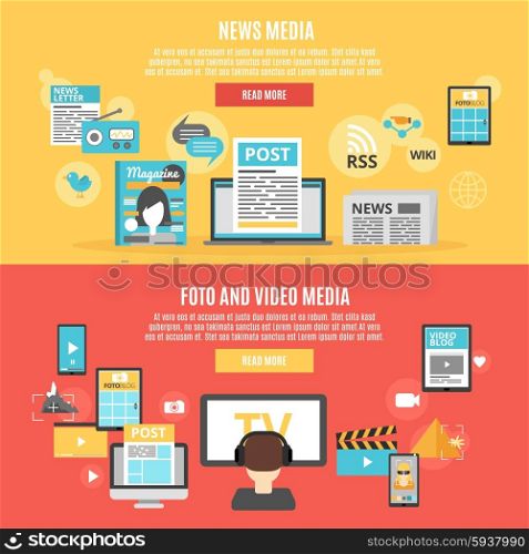 Press Banners Set. Press and social media horizontal banners set with photo and video blogs symbols flat isolated vector illustration
