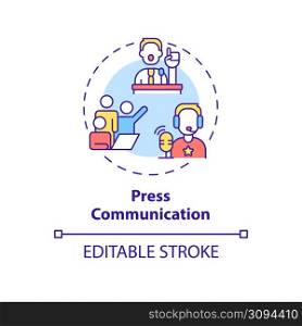 Press communication concept icon. Focus on media outreach. Types of PR firms abstract idea thin line illustration. Isolated outline drawing. Editable stroke. Arial, Myriad Pro-Bold fonts used. Press communication concept icon