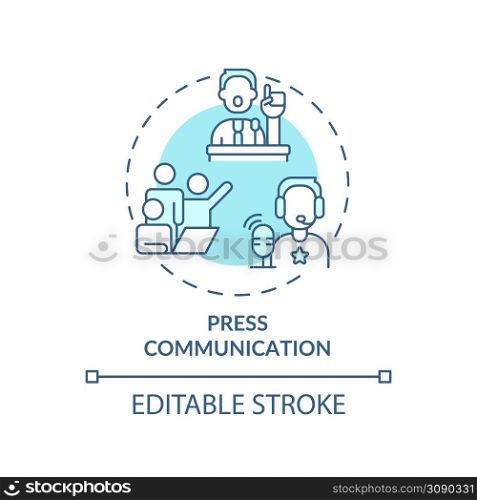 Press communication turquoise concept icon. Media outreach. Types of PR firms abstract idea thin line illustration. Isolated outline drawing. Editable stroke. Arial, Myriad Pro-Bold fonts used. Press communication turquoise concept icon