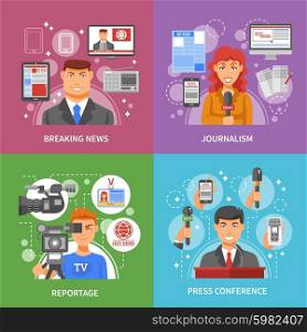 Press Concept Icons Set. Press concept icons set with breaking news reportage and press conference symbols flat isolated vector illustration