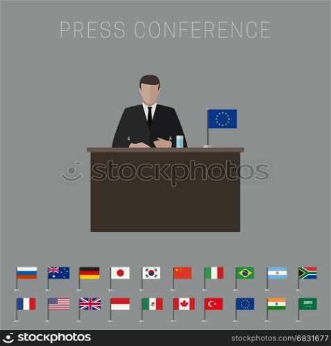 Press conference banner. Press conference vector banner with simple flags icons of the countries in flat style.
