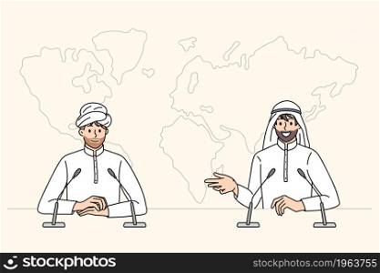 Press conference of arab businessmen concept. Two islam men partners businessmen sitting talking having press conference vector illustration . Press conference of arab businessmen concept