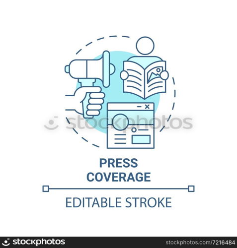 Press coverage blue concept icon. Social entrepreneurship abstract idea thin line illustration. Promotion on social media. Information broadcast. Vector isolated outline color drawing. Editable stroke. Press coverage blue concept icon
