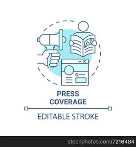 Press coverage blue concept icon. Social entrepreneurship abstract idea thin line illustration. Promotion on social media. Information broadcast. Vector isolated outline color drawing. Editable stroke. Press coverage blue concept icon