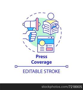 Press coverage concept icon. Social entrepreneurship abstract idea thin line illustration. Promotion on social media. Information broadcasting. Vector isolated outline color drawing. Editable stroke. Press coverage concept icon