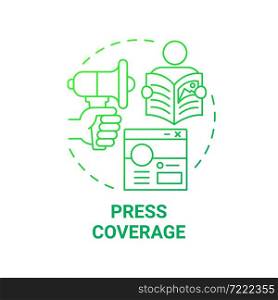Press coverage green gradient concept icon. Social entrepreneurship abstract idea thin line illustration. Promotion on social media. Information broadcast. Vector isolated outline color drawing. Press coverage green gradient concept icon