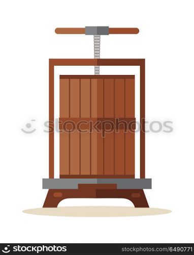 Press for Grapes. Traditional wooden press for grapes. Old wine press icon. Manual grape crushing machine. Old juice squeezer. Isolated object in flat design on white background. Vector illustration.