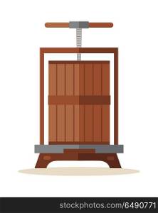 Press for Grapes. Traditional wooden press for grapes. Old wine press icon. Manual grape crushing machine. Old juice squeezer. Isolated object in flat design on white background. Vector illustration.
