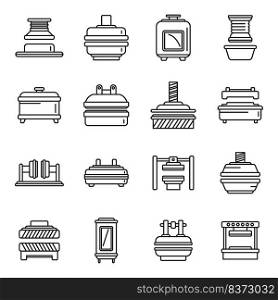 Press form maχ≠s icons set outli≠vector. Formation manufacturing. Action equipment. Press form maχ≠s icons set outli≠vector. Formation manufacturing