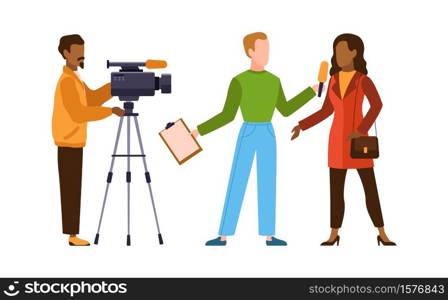 Press interview with cameraman. Journalist interviews woman. Newscaster and journalist profession. Operator holds camera and reporter with microphone, television industry cartoon flat vector character. Press interview with cameraman. Journalist interviews woman. Newscaster and journalist profession. Operator holds camera and reporter with microphone, television industry flat vector concept